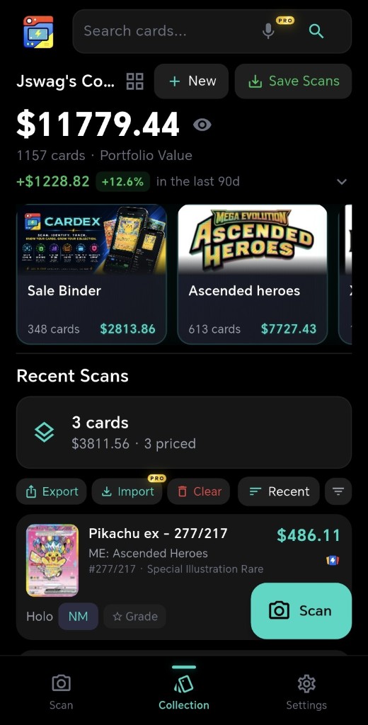The Cardex collection screen showing portfolio value and 90-day change